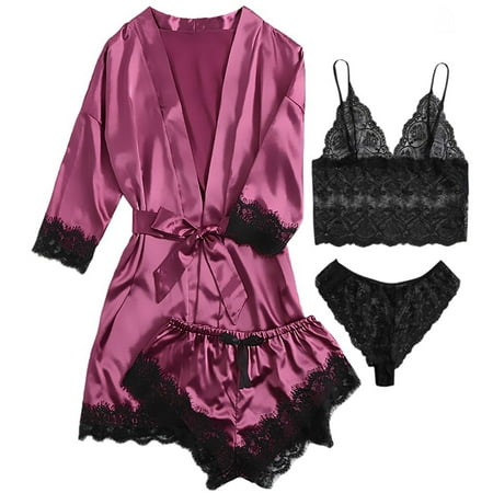 Sexy Lingerie  LOFIR Silk Satin Pajamas for Women  Womens Summer Pajamas Pjs Sets of 4 Pcs with Floral Lace Top Shorts and Robe  Gift for Women  Black  M
