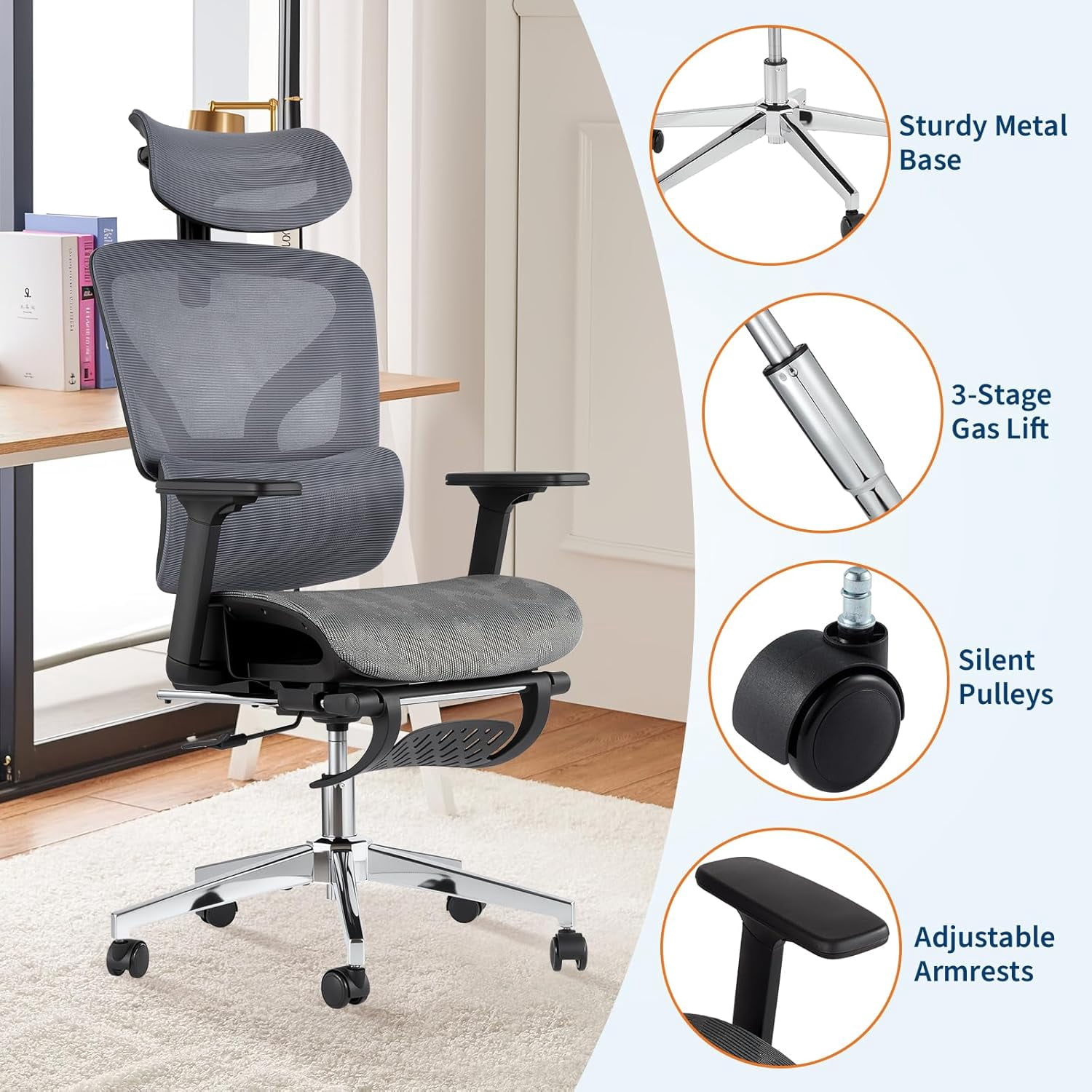 Ergonomic Mesh Office Chair with Footrest, Adjustable Armrests, Dynamic Lumbar Support, Recline & Tilt Function, High Back Design, Rolling Caster Computer Chair for Home Office, Gray