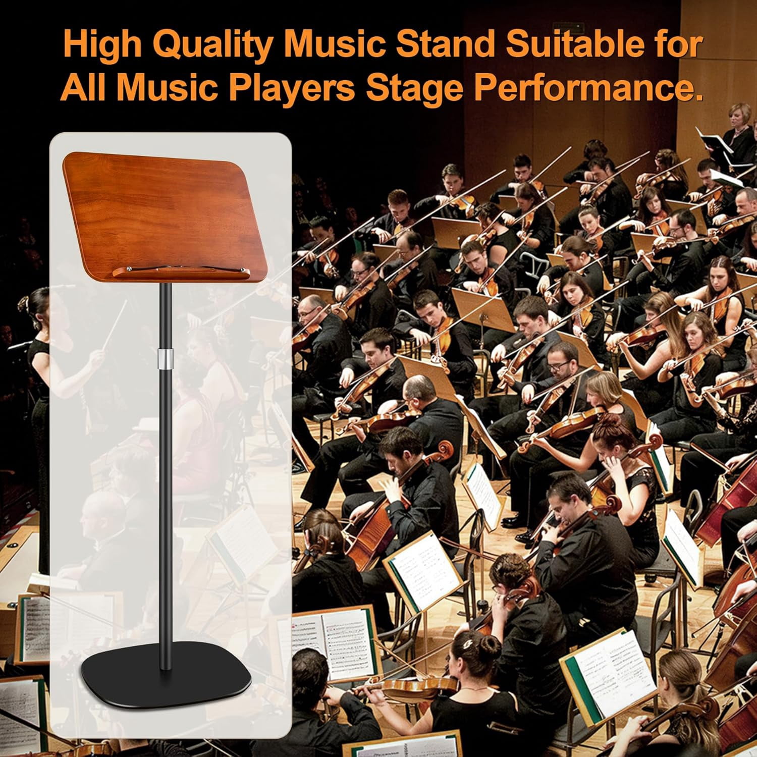 Solid Wooden Height Adjustable Music Sheet Stand for Guitar Bass Violin Ukulele Sax Players Stage Performance Music Stand, Floor Reading Stand with Page Clip for Cookbooks, Sheet Music, etc