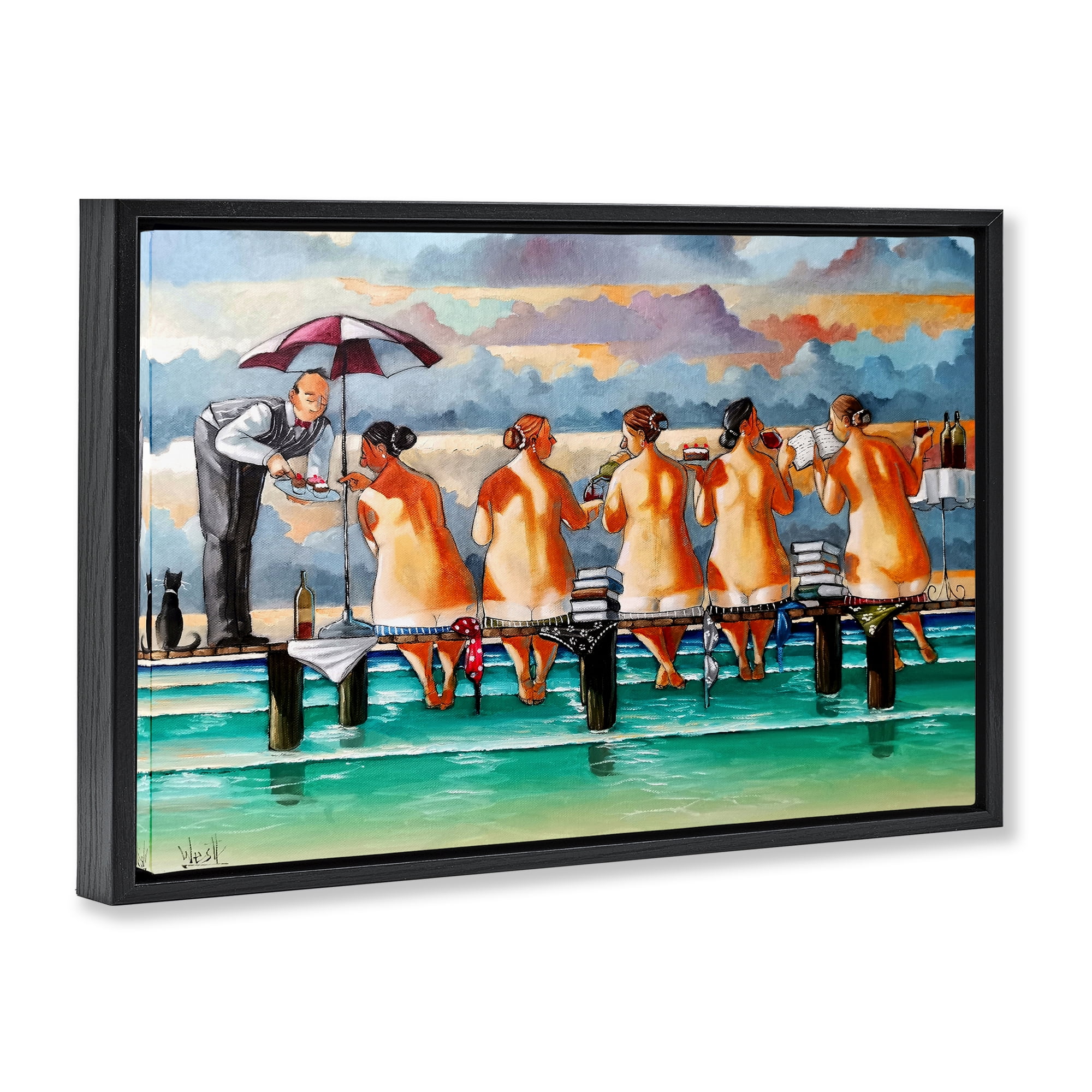 The Book Club Beachgoers Black Framed Floater Canvas Wall Art, design by Ronald West