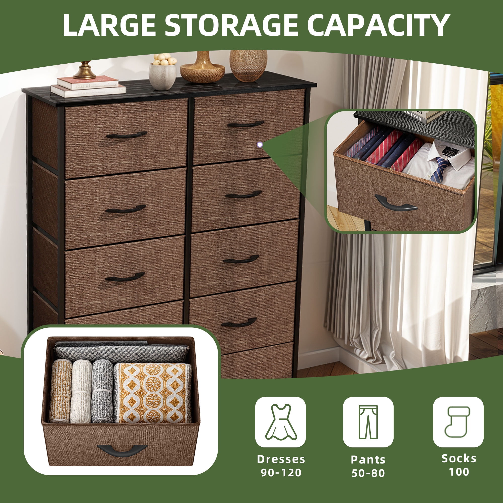Uforic 10 Drawers Dresser Fabric Bedside Organizer Storage Tower Chest for , Brown