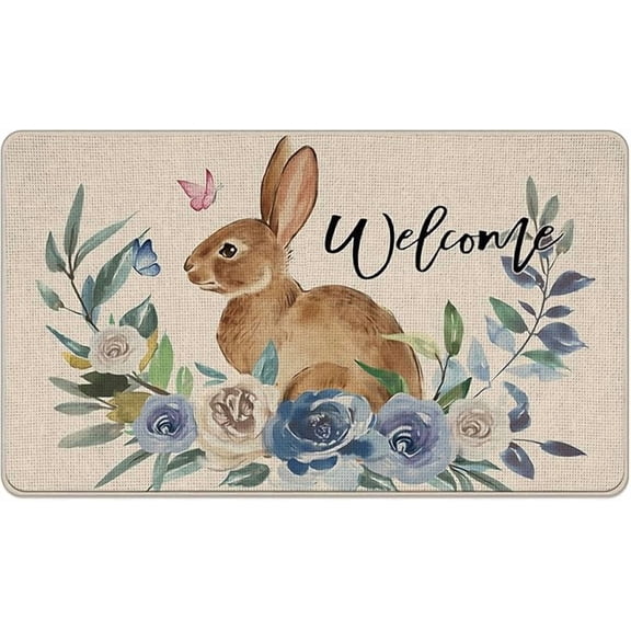 Welcome Easter Bunny Decorative Front Door Mat, Spring Cute Rabbit Doormat Indoor Outdoor Non-Slip Floor Entryway Rug, Blue Rose Flowers Home Kitchen Decoration 16×24 Inch.