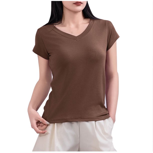 Mujeres Manga Corta Tops Casual, Color Sólido Cuello en V, Camiseta Casa Blusas para Mujeres