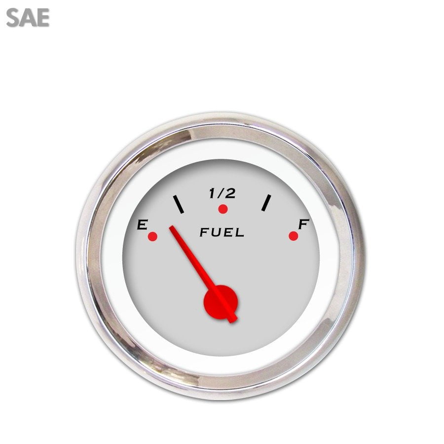 Fuel level Gauge Pegged Ash , Red Modern Needles, Chrome Trim Rings