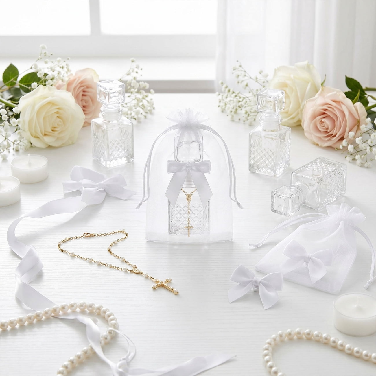 24pcs Baptism Party Supplies - Includes 12 Glass Holy Bottles And 12 Cross Rosary Bracelets - with Organza Bags (Boxed) Party Supply Set, Suitable for Weddings, Communions, Religious Events
