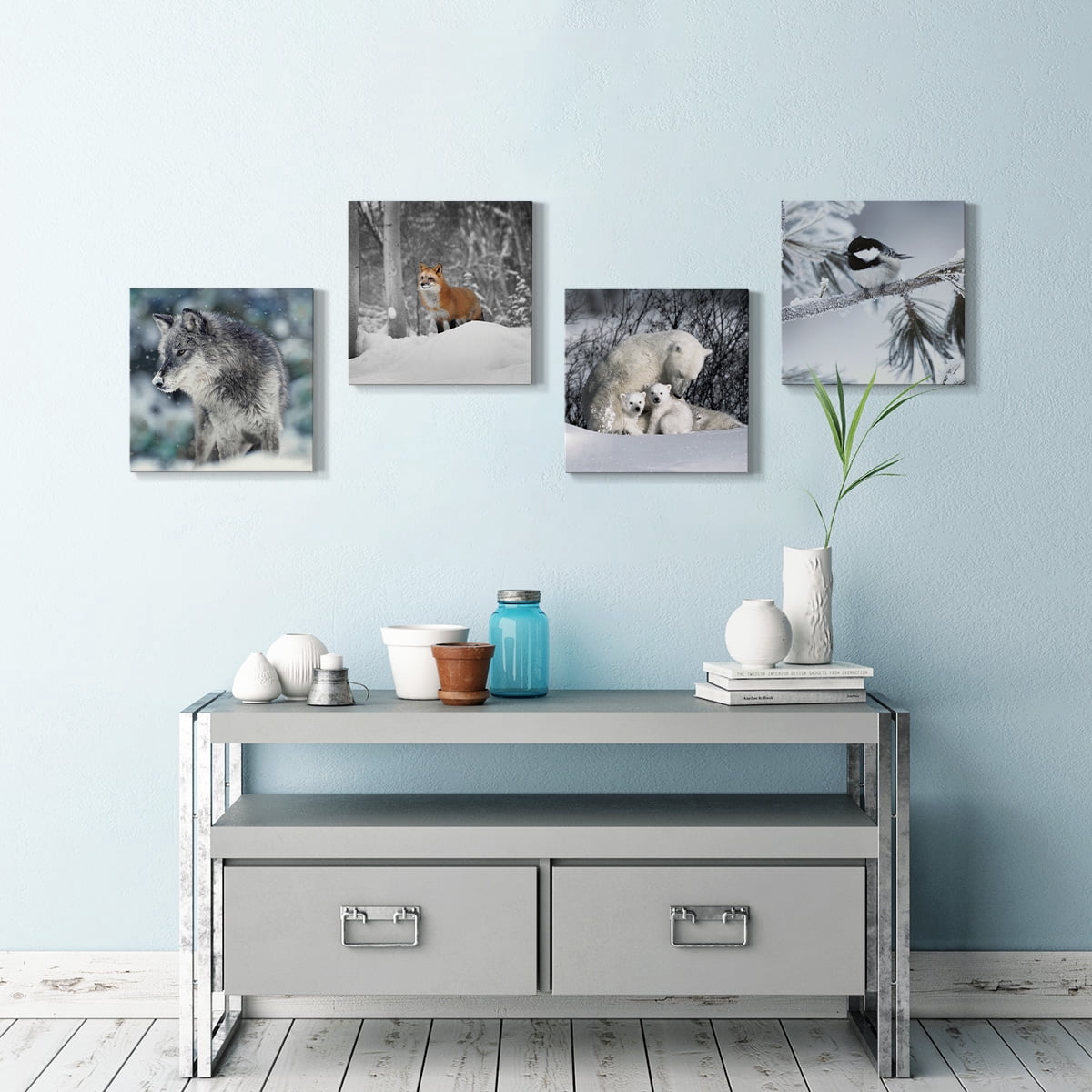 Wexford Home Wildlife Animal Wall Art 24 x 24 inches Each, Fox Wolf Polar Bear Chickadee Picture Prints Set of 4 Decoration for Cabin Motel Home Wall Decor