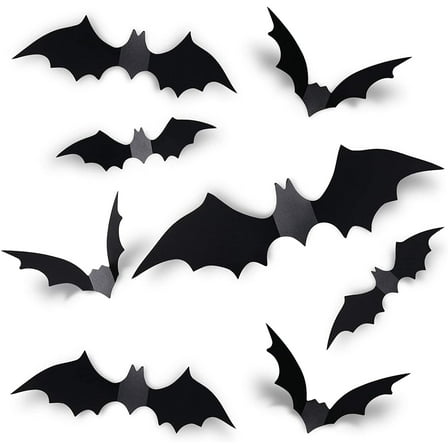 Coogam 60PCS Halloween Bats Decoration, 4 Different Sizes Realistic PVC Black 3D Scary Bat Sticker for Home Decor DIY Wall Decal Bathroom Indoor Hallowmas Party