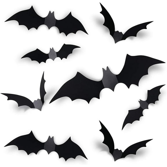Coogam 60PCS Halloween Bats Decoration, 4 Different Sizes Realistic PVC Black 3D Scary Bat Sticker for Home Decor DIY Wall Decal Bathroom Indoor Hallowmas Party