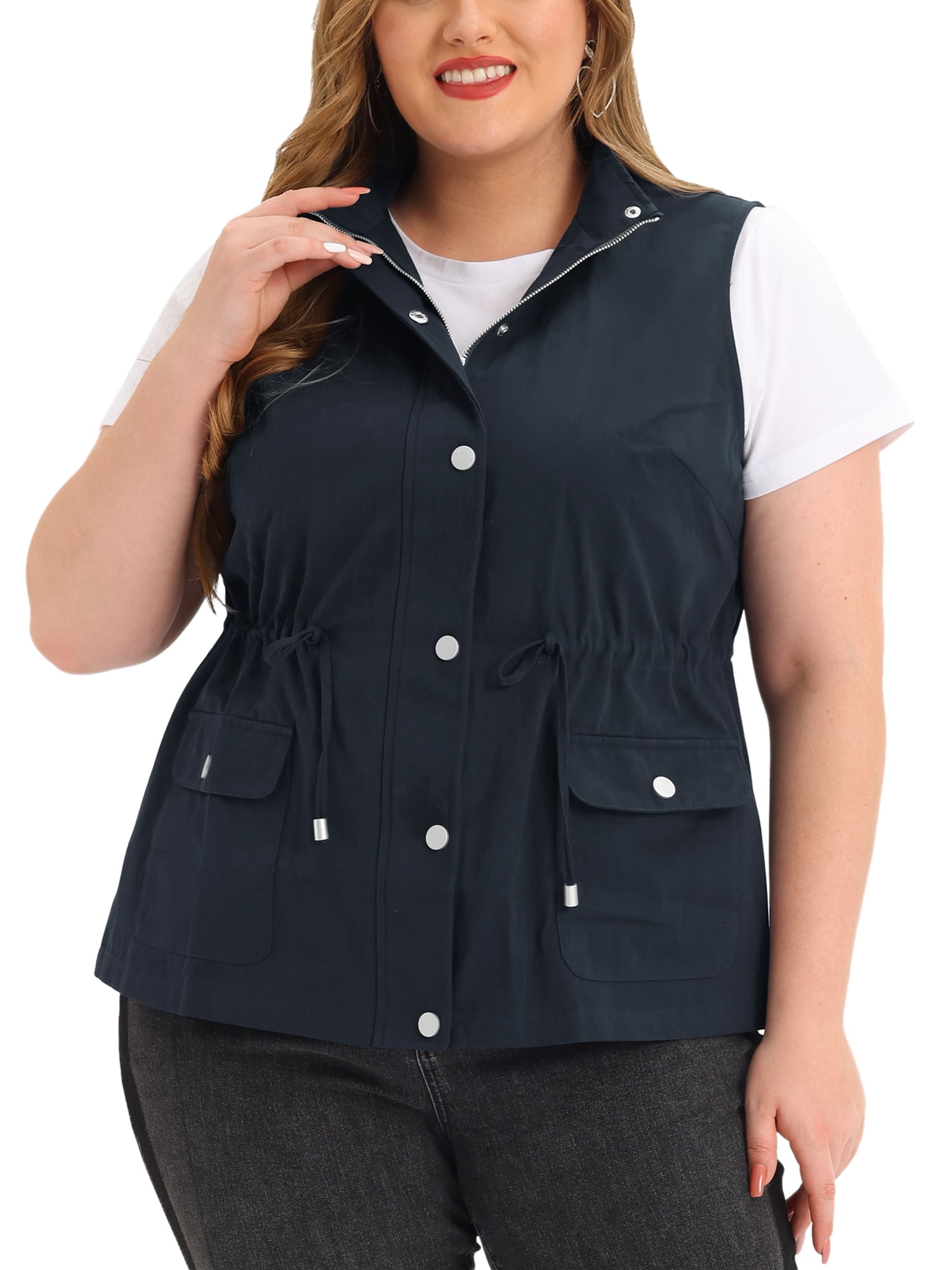 DARING DIVA Women's Plus Size Lightweight Sleeveless Anorak Cargo Vest 6X Navy Blue