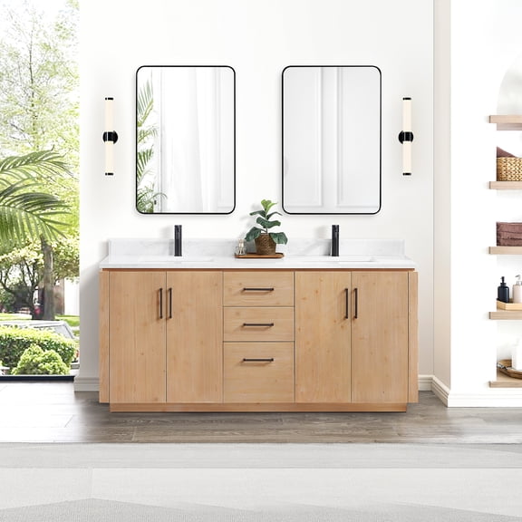 Vinnova San 72" Double Sink Wood Bath Vanity with Grain Stone in Brown/White