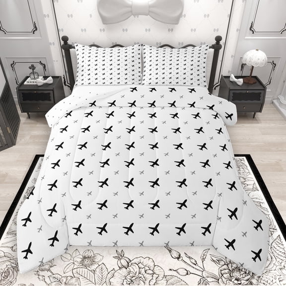 Manfei Cartoon Airplane Queen Comforter Set,Cute Aircraft Bedding Sets,White Black Bedding Comforter Set Boys Teen,Microfiber Bedroom Decor Reversible,3 Pieces