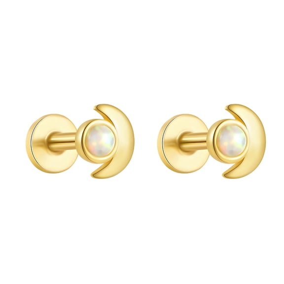 Moon Flat Back Opal Earrings for Cartilage Helix Tragus Lobe16g Gold over Sterling Silver Studs Pair by Ginger Lyne