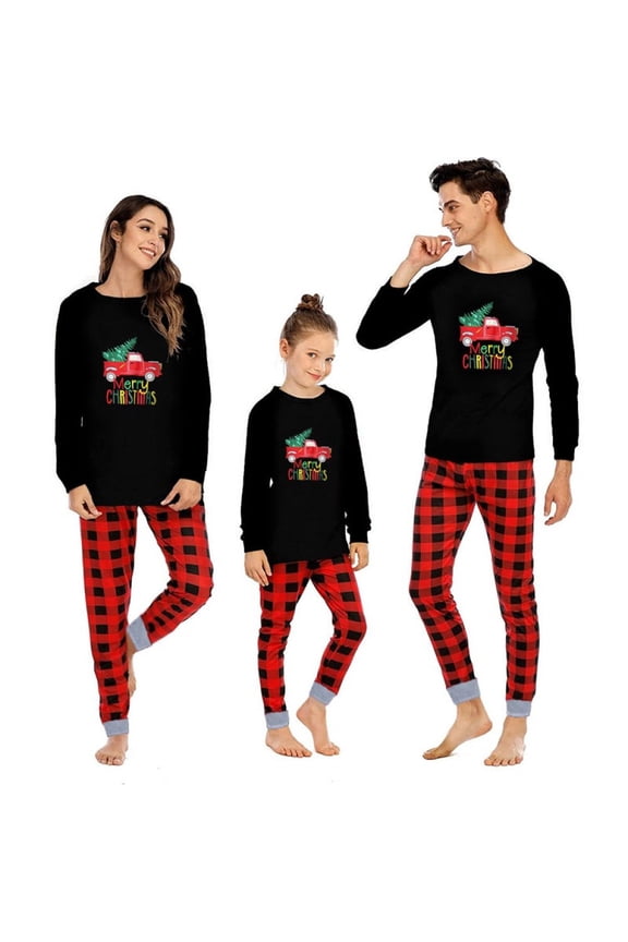 Family Matching Christmas Pajamas Women Cotton Jammies Men Clothes Sleepwear Long Sleeve Pjs(Black Car,Mom L)