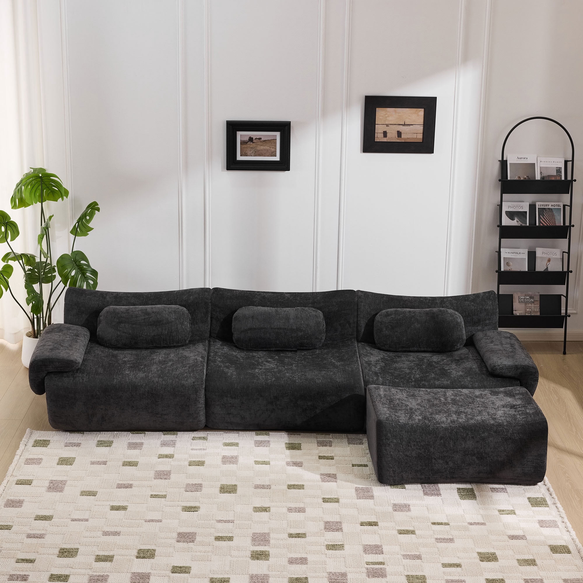 MAYEERTY 3+1 Seat Modular L-Shaped Sectional Sofa with Ottoman, Chenille Upholstered Deep Seat Couch with 3 Throw Pillows, No Assembly for Living Room Bedroom Apartment Small Spaces