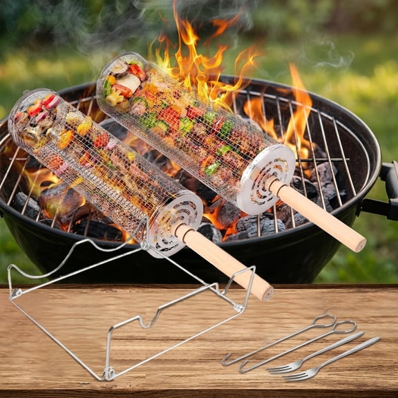 Belsands  360° Rotating Grill Baskets (2-Pack) - Dual Nested Sizes 5" & 4"  304 Stainless Steel BBQ Cage w/ Removable Wood Handle for father's day gift
