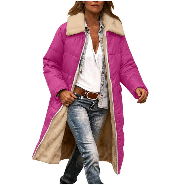 WRKEKC Coats for Women Winter Solid Color Loose Pocket Zip-Up Reversible Long Length Collared Cotton Coat Womens Reversible Cotton Coat for Winter Versatility