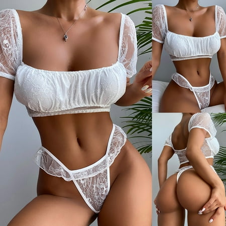 

Feltree Lingerie Lace Babydoll 2 Piece Sexy Bra and Panty Sets Women s Perspective Corset Muslin Open Cut Lingerie Sets Strappy Halter Underwear Suit Bride White XL