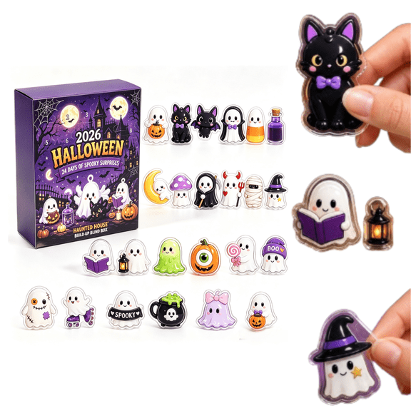 Halloween Advent Calendar 2026, 24Pcs Collectible Acrylic Spooky Character Ornaments, Halloween Countdown Gift Box for Home Table Party Decoration