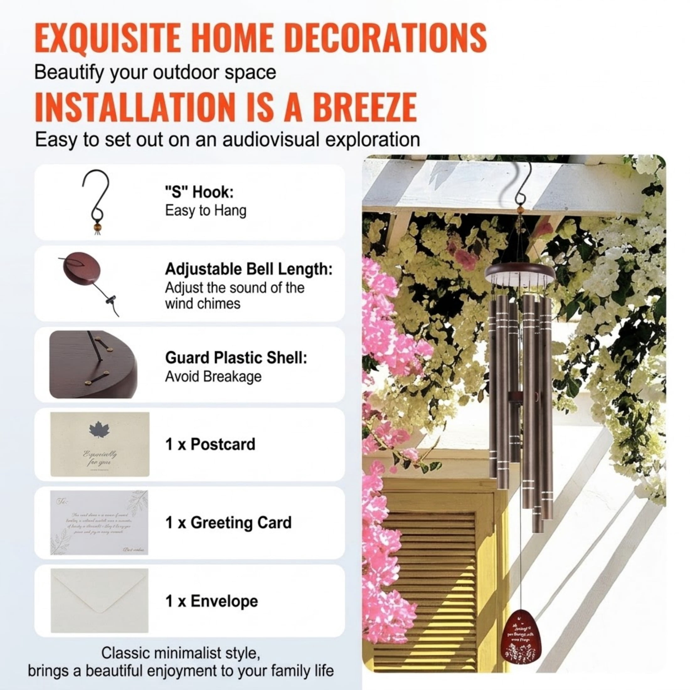 42-inch Deep Tone Wind Chimes for Outside, Large Memorial Wind Chimes with 6 Tubes, Dark Brown