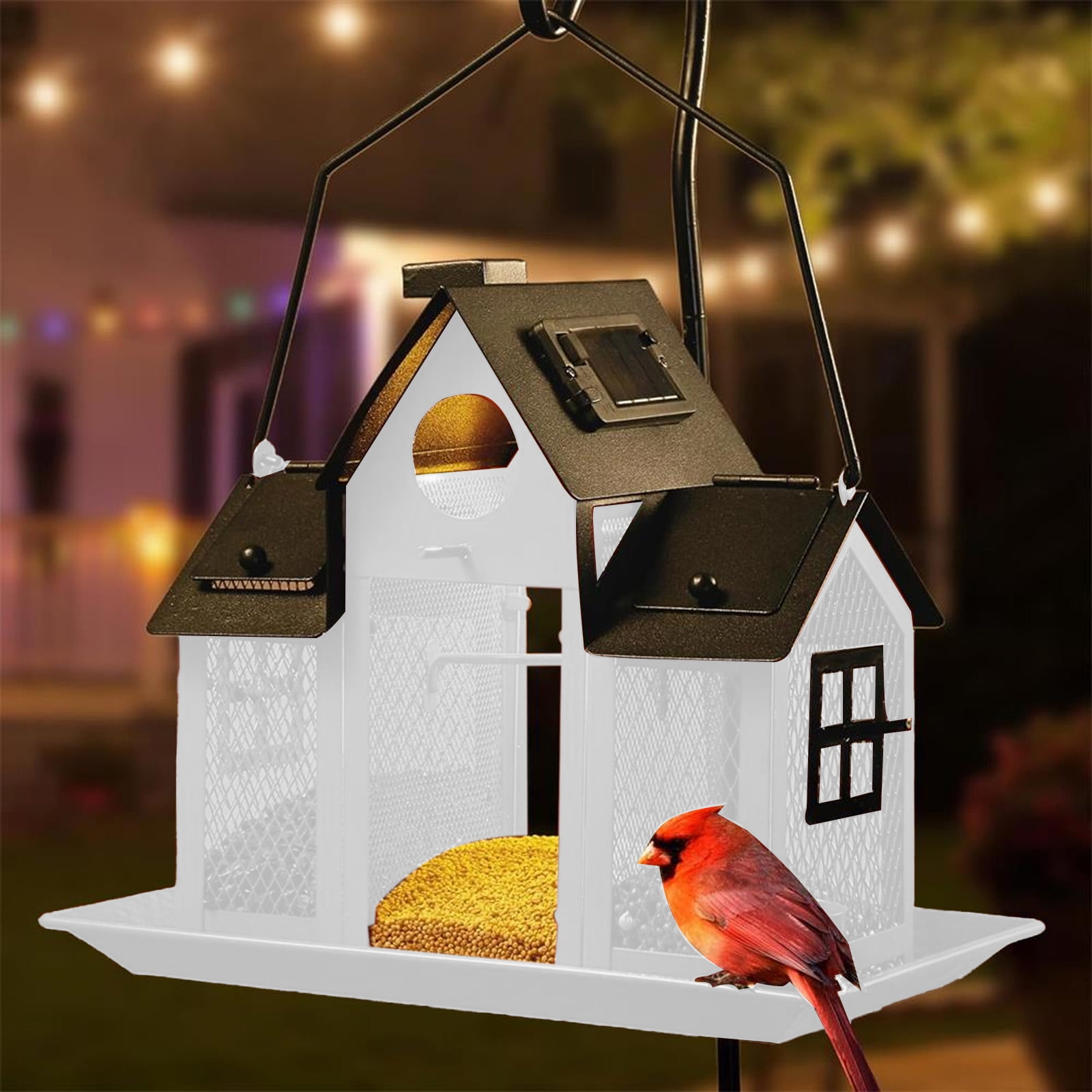 Solar Bird Feeders House for Outside Hanging, Metal Wild Bird Feeder for Outdoors Large Capacity Cardinal Bird Feeder Birdhouses Metal Bird Feeding Station White