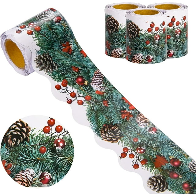 99 Pieds Bordures de Tableau d'Affichage de Noël Baies Rouges & Pins Aiguilles Bordures Festonnées Décorations de Tableau d'Affichage de Classe pour Vacances École Décoration de Fête Tableau Noir, 3 Rouleaux
