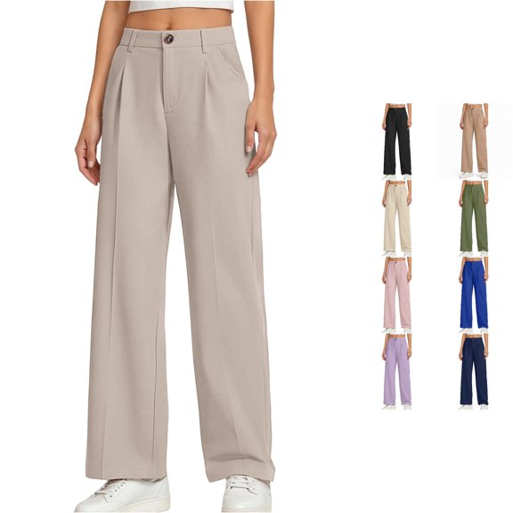 Sonxahe Toddler Girl Solid Wide Leg Dress Pants Straight Fit High Waist Casual Trousers,Beige