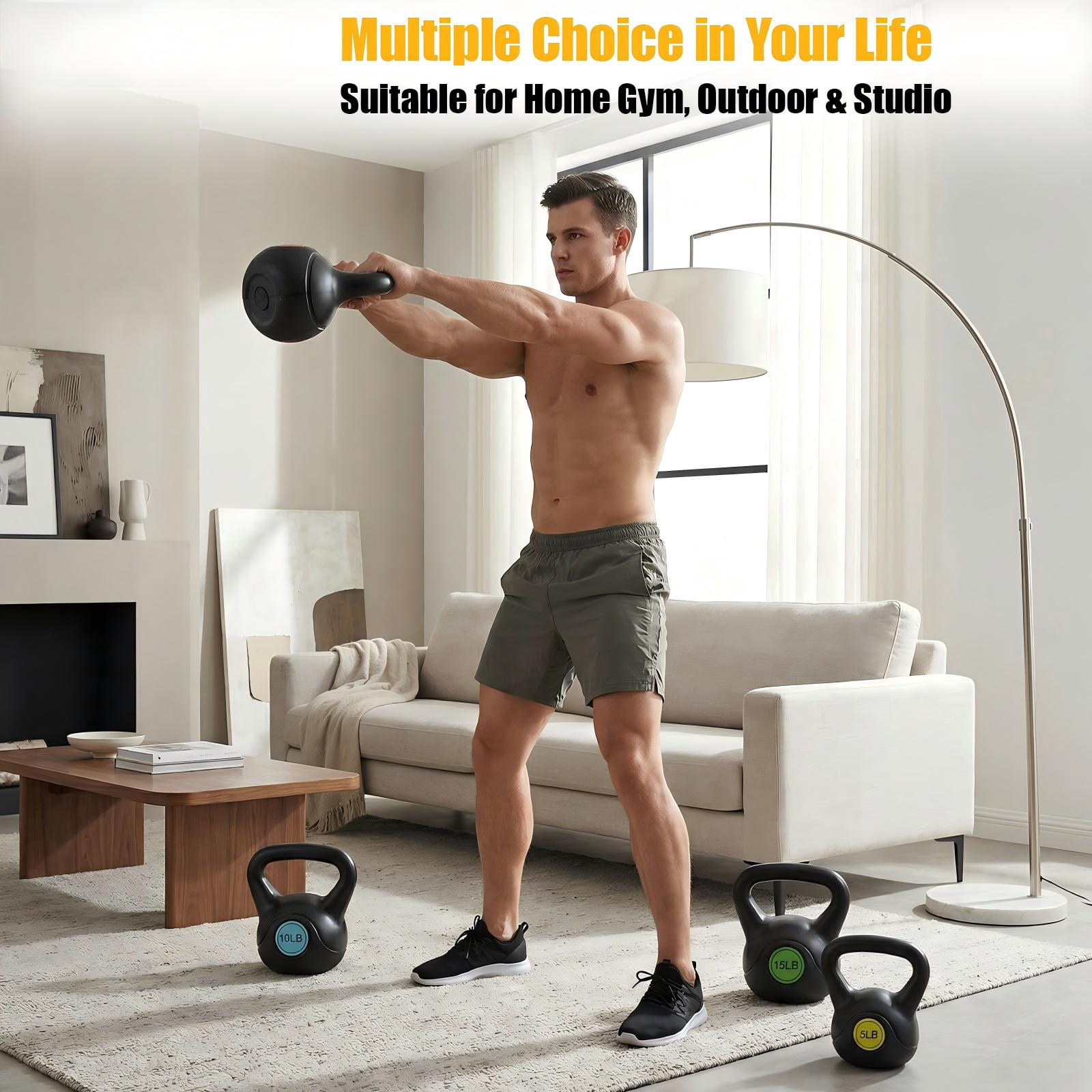 SHOUFTW Powder-Coated Kettlebell with a Cast Iron Core, with a Non-Slip Handle and Flat Base, Suitable for Fitness Training, Durable for Strength Training, Three-Piece Set(10/15/20lb)