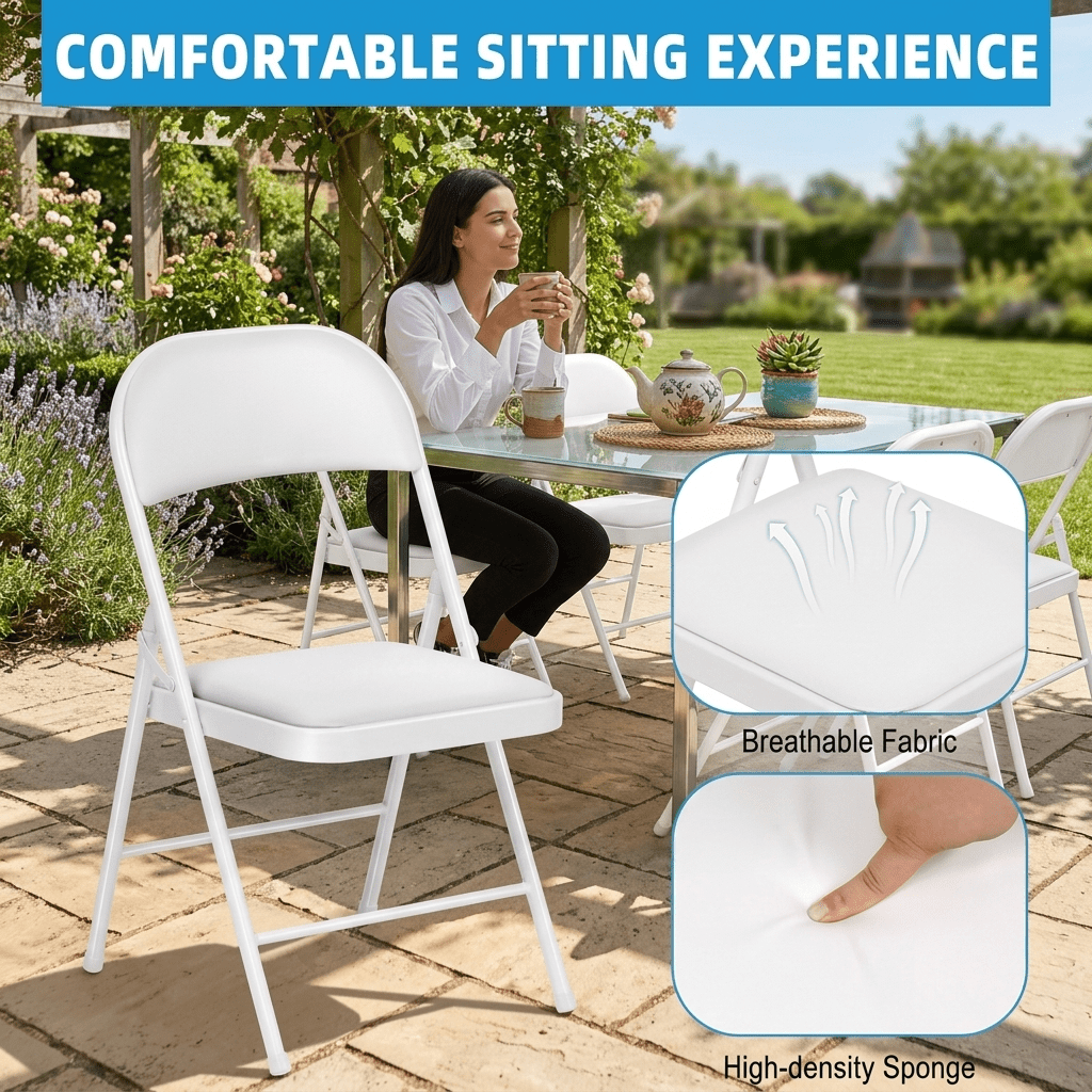 Fenbeli Padded Folding Chairs 4 Pack, White Steel Chairs with Metal Backs and 330 lb Capacity, Portable Seating for Home Events and Gatherings