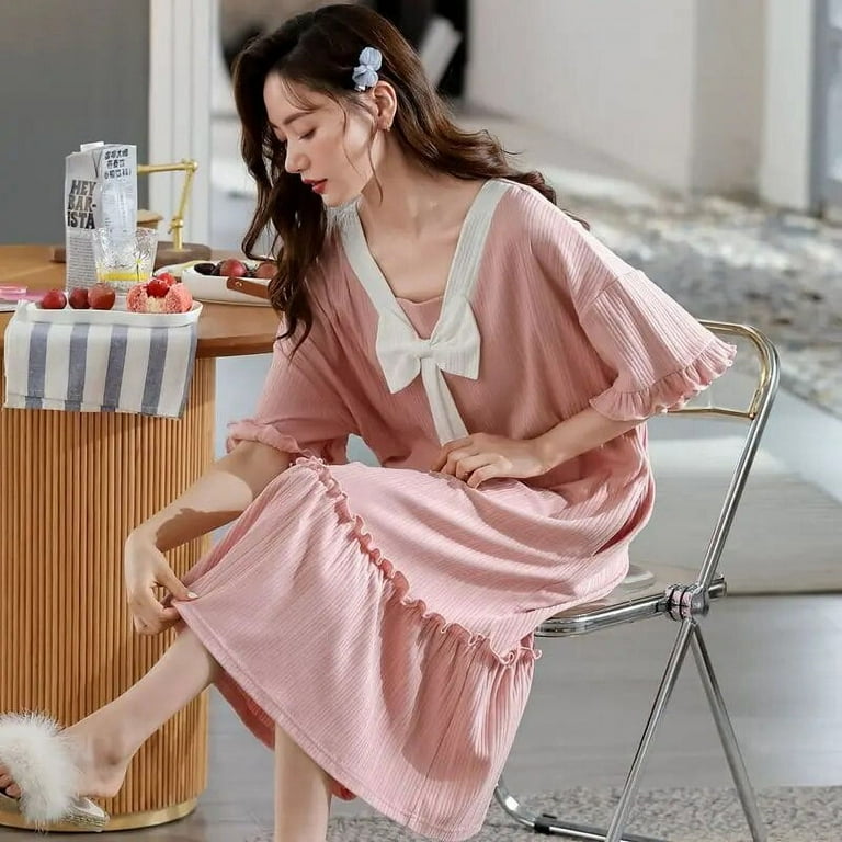 Municipal Bow Pajamas Sleepwear Womens Cute Nightgown Style Night Dress Summer Sleep Nightwear Ruffle Solid Short Sleeve Home Wears Walmart