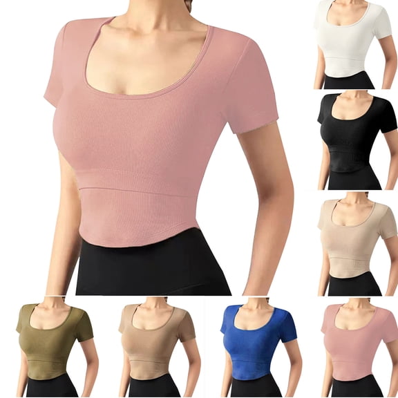 Fesfesfes Women's Fiting Tops Summer Round-Neck Short Sleeve Sexy Blouse Yoga Tops Integrated Tight Fitting With Chest Pad Corp Tops Fitness Tops 4(S)