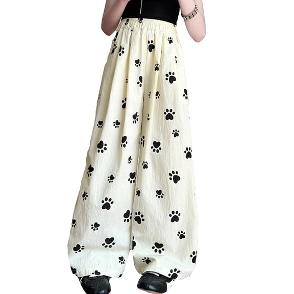 RUTAYY Child Girls' Trousers Summer Puppy Print Ice Cream Silk Wide Leg Straight Pants With Elastic Waist Classic Versatile Pants, Yellow, 10-11 Years