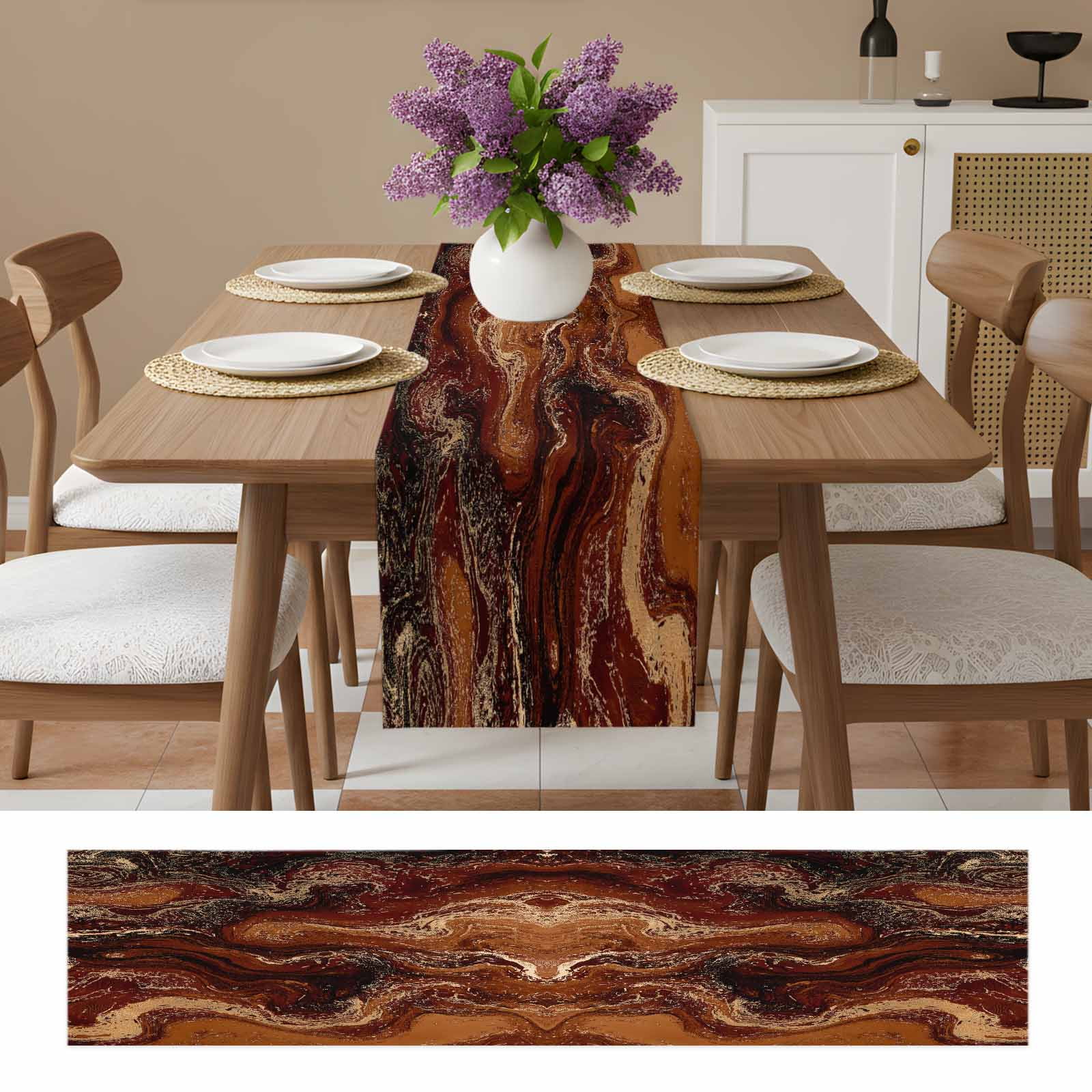 Brown Marble Table Runner, Ombre Abstract Striped Mottled Aesthetic Washable Cotton Linen Table Runners 90 Inches Long, Dresser Scarf Runner for Dining/Coffee/Kitchen/Hallway Tables 13''x90''