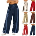 thumbnail image 2 of Fengactive Womens Side Stripe Pants with Pockets Drawstring Waist Wide Leg Baggy Color Block Long Pants, 2 of 6