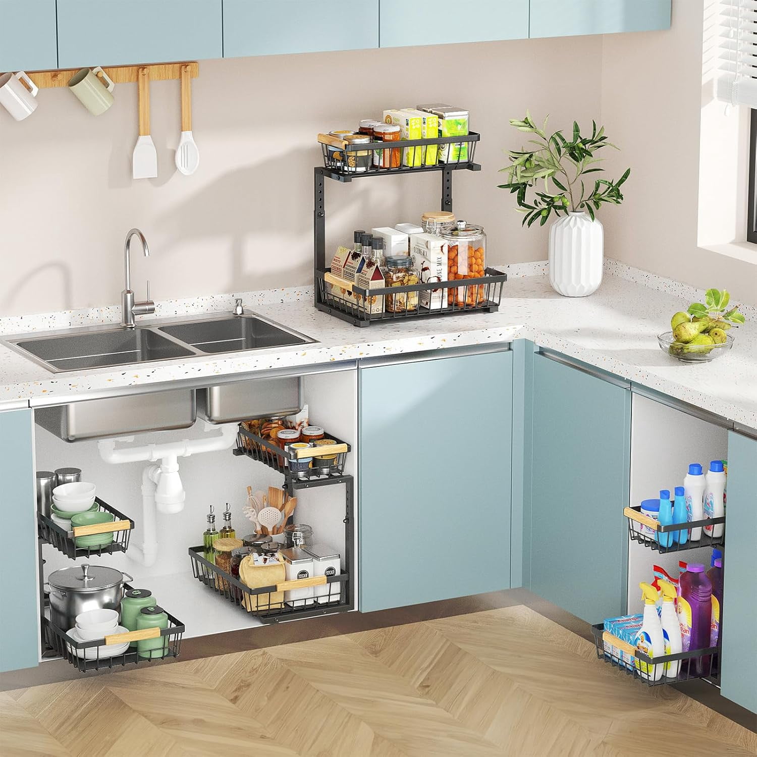 Under Sink Organizer 2 Pack, 2 Tier Pull Out Under Sink Organizers and Storage, Under Cabinet Organizer Shelf Drawers, Large Metal Adjustable Slide Out Under the Sink Organizer for Kitchen Bathroom.