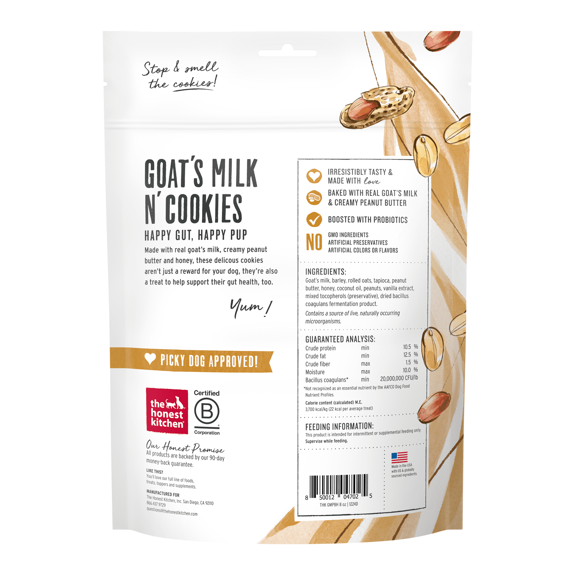 The Honest Kitchen Human Grade Goat's Milk N' Cookies: Slow Baked with Peanut Butter & Honey, 8 oz Bag