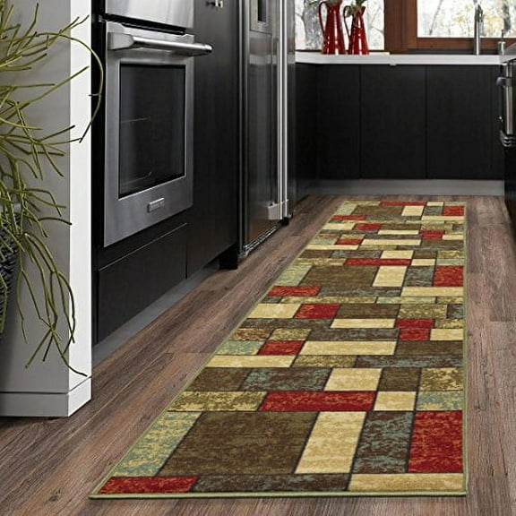 Ottohome Collection Multi Color Contemporary Boxes Design Runner Rug With Non-Skid (Non-Slip) Rubber Backing (20"X59")