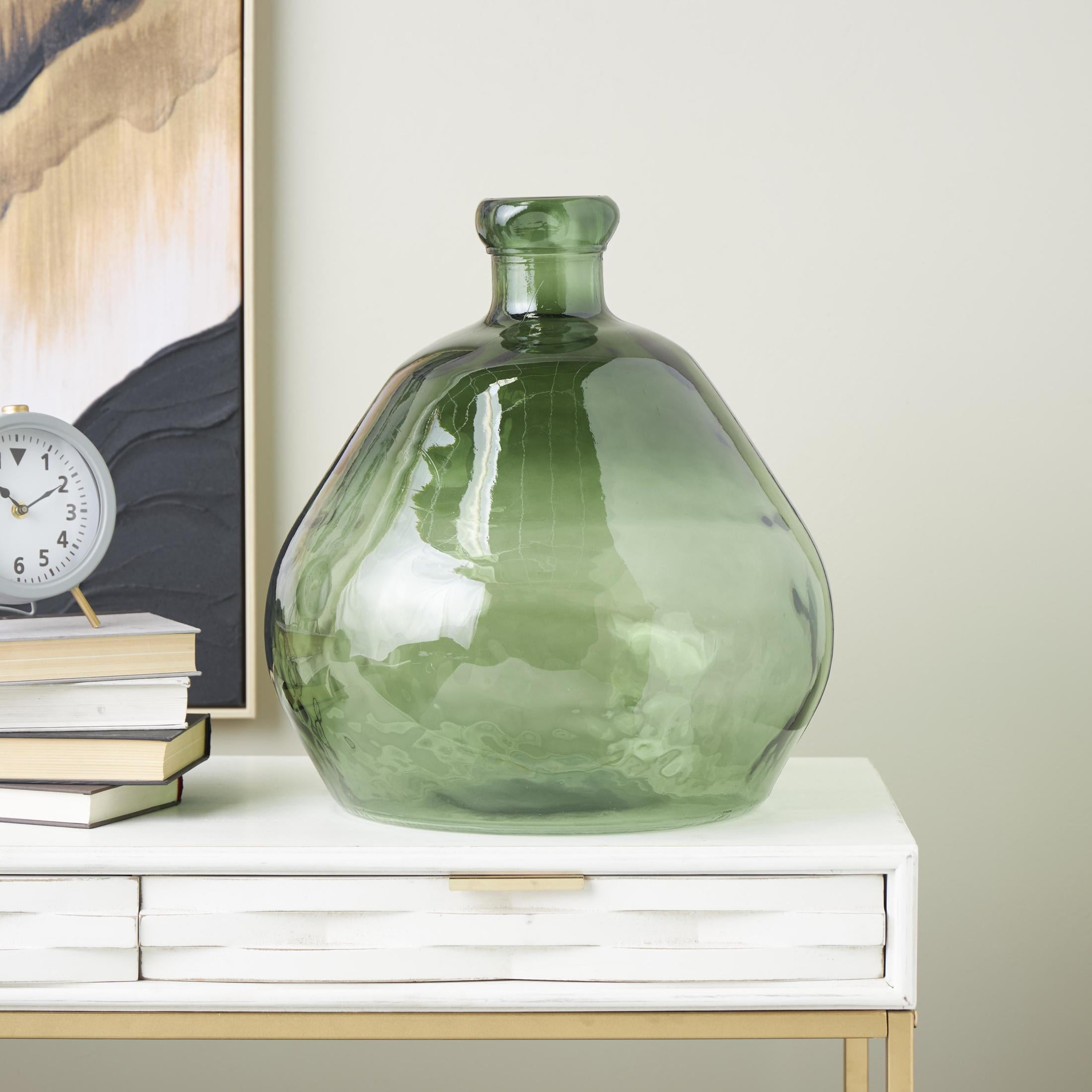 DecMode 19" Handmade Wide Spanish Bottle Neck Ombre Green Recycled Glass Vase