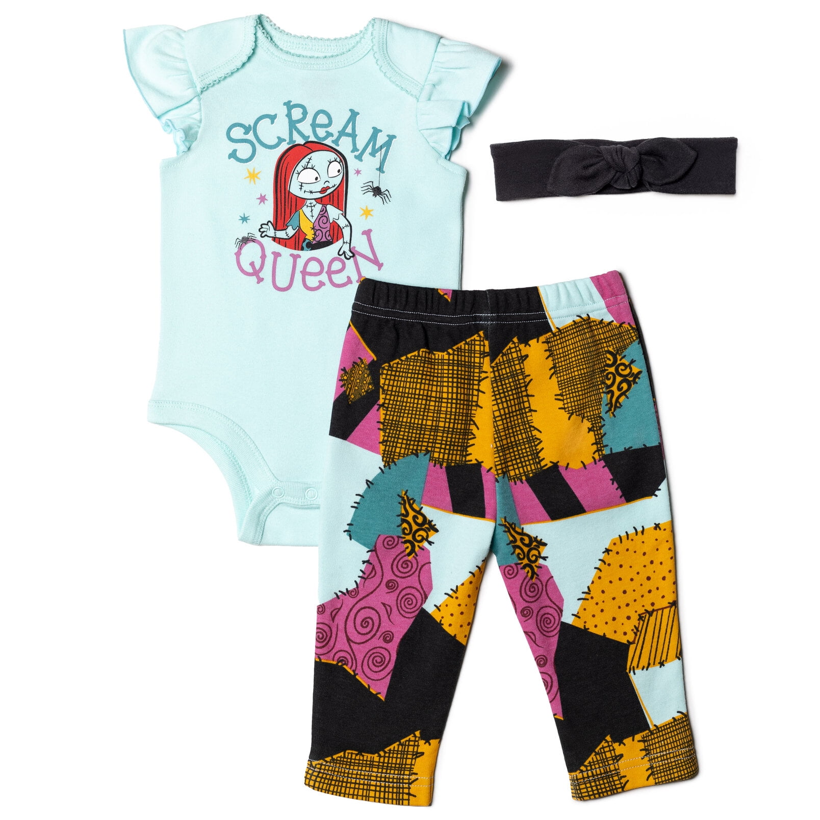 Disney Nightmare Before Christmas Sally Infant Baby Girls Bodysuit Pants and Headband 3 Piece Outfit Set Newborn to Infant