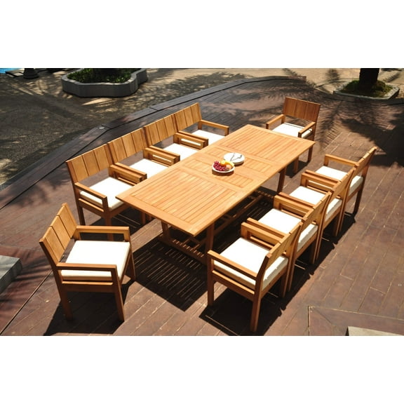 Grade-A Teak Dining Set: 10 Seater 11 Pc: 94" Double Extension Mas Rectangle Trestle Leg Table And 10 Veranda Arm Chairs WholesaleTeak #WMVR67