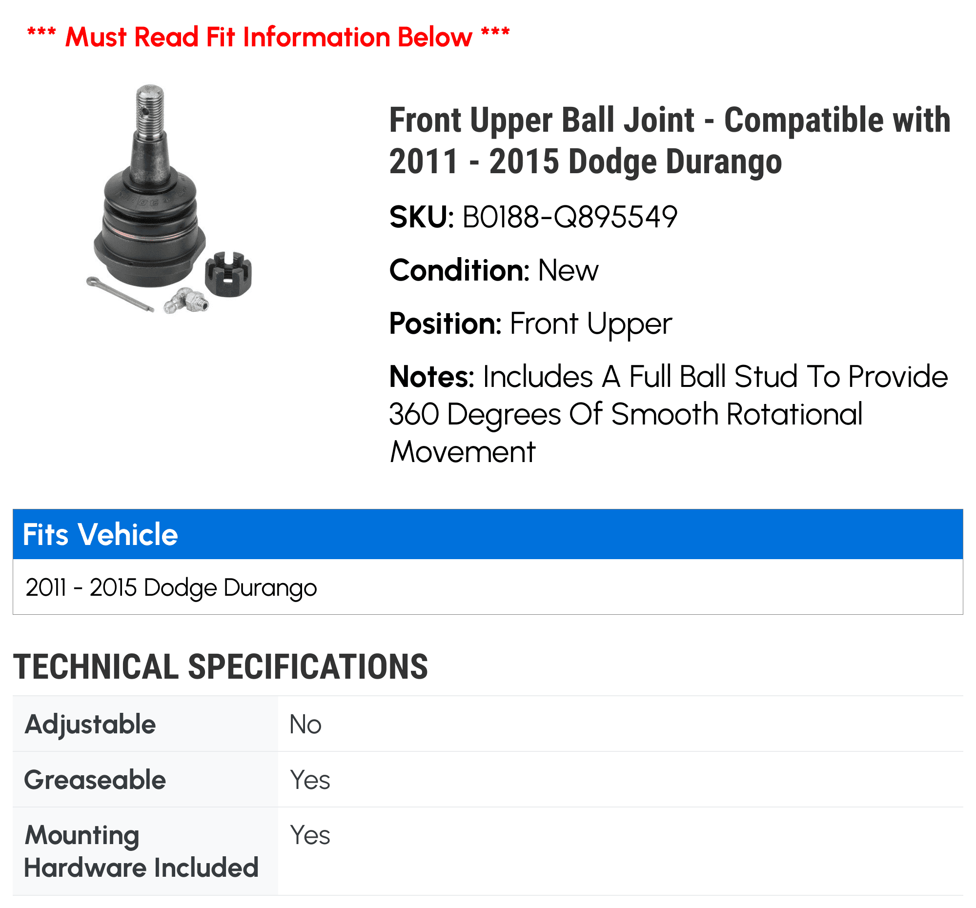 Front Upper Ball Joint - Compatible with 2011 - 2015 Dodge Durango - Moog