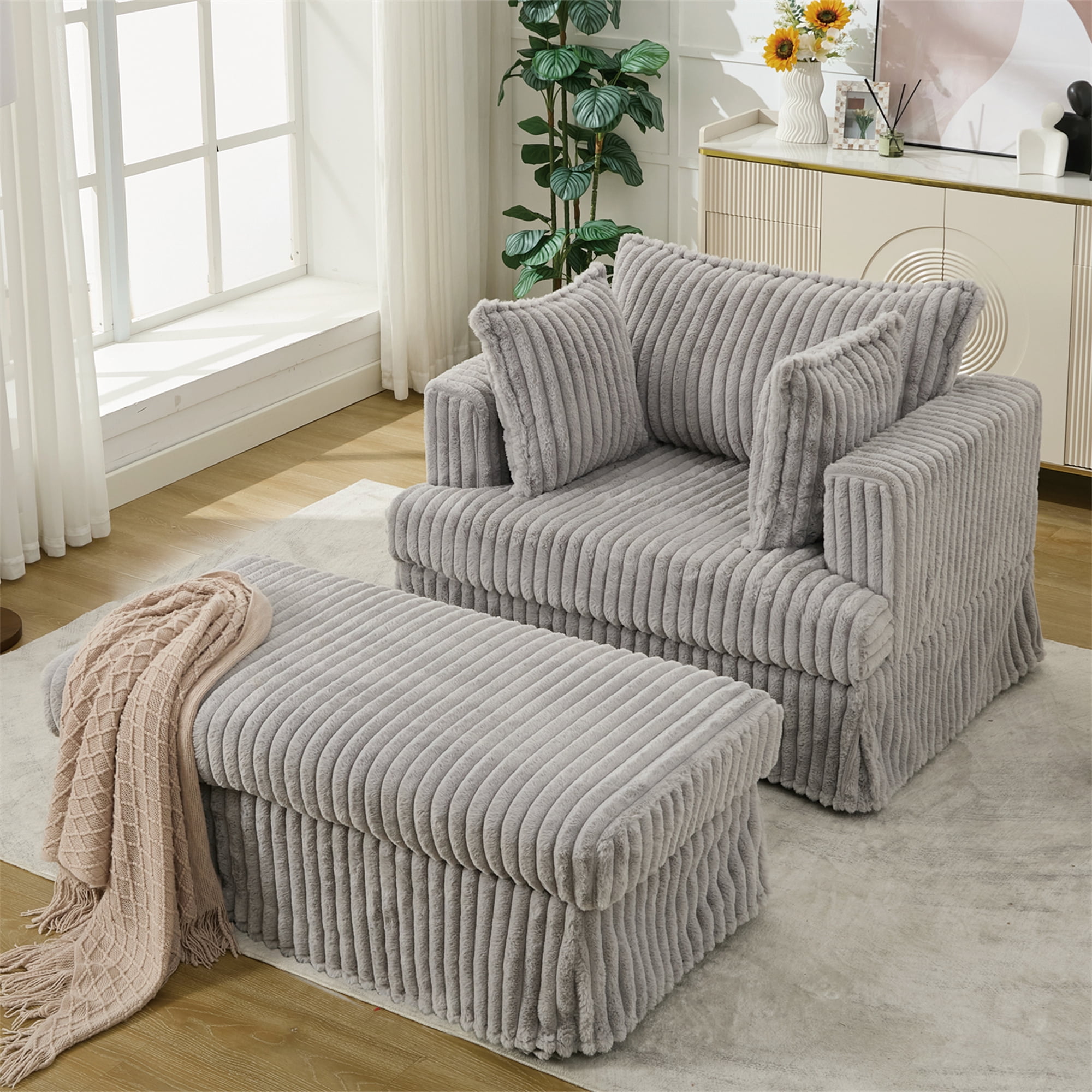 Aukfa 48" inch Chaise Lounge, Oversized Sofa Chair with Ottoman, 3 Pillows, Corduroy, Light Gray