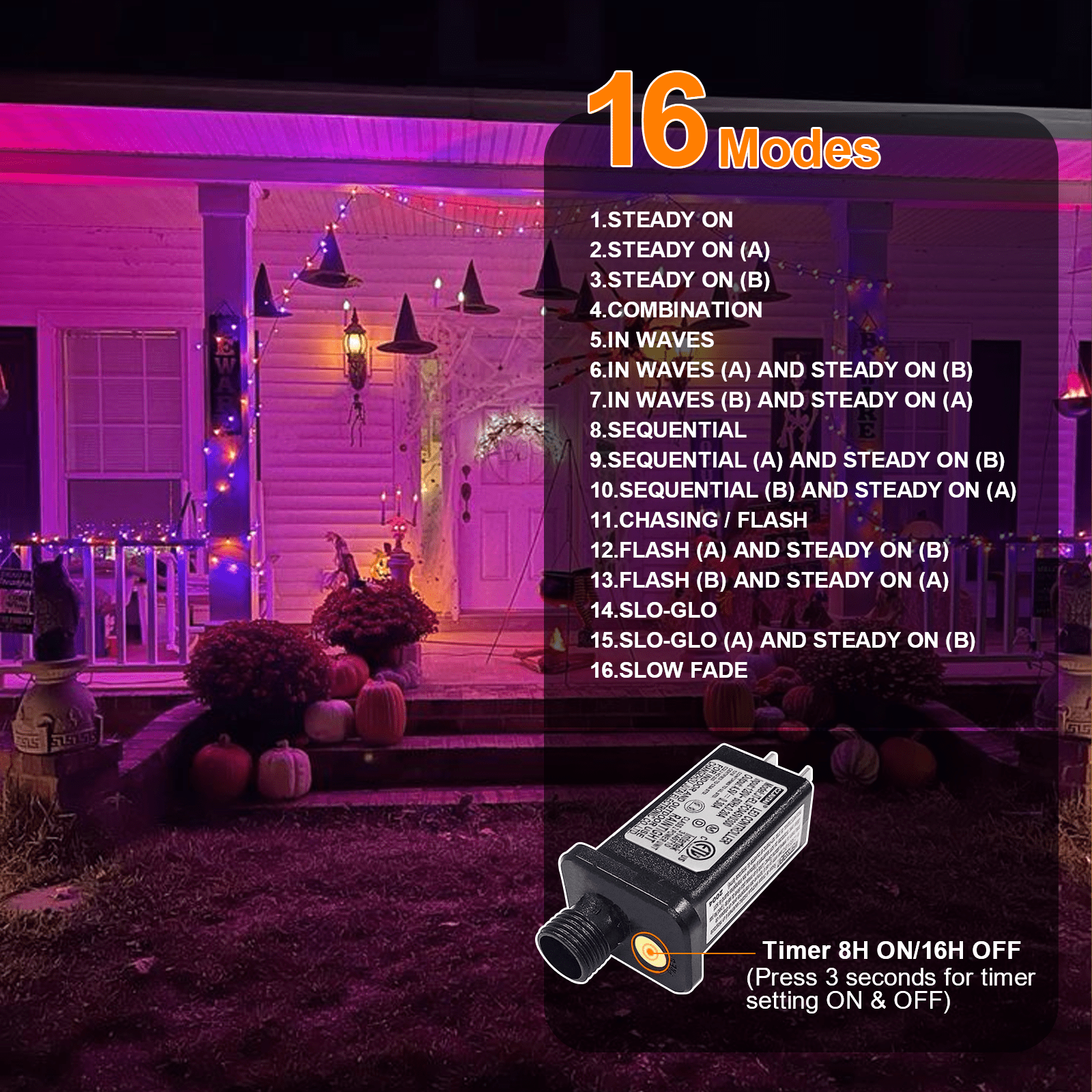 2 Pack Orange Purple Halloween String Lights Outdoor, 32.5FT 100 LED Waterproof Christmas Lights with 16 Lighting Modes for Halloween Garden Party Christmas Xmas Tree Lights Decor