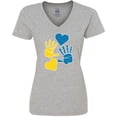 thumbnail image 3 of Inktastic Down Syndrome Awareness with Handprints and Hearts Blue and Yellow Women's V-Neck T-Shirt, 3 of 5