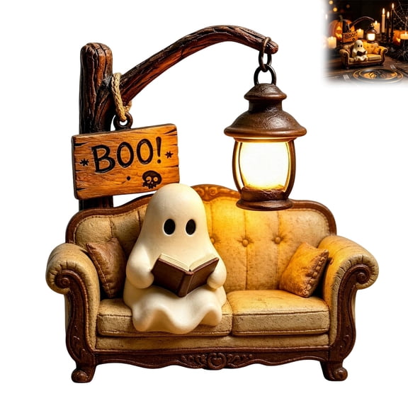 Adorable Reading Ghost Book Lamp 3D Resin Halloween Night Light Warm Glow for Bedroom Living Room Indoor Seasonal Decor