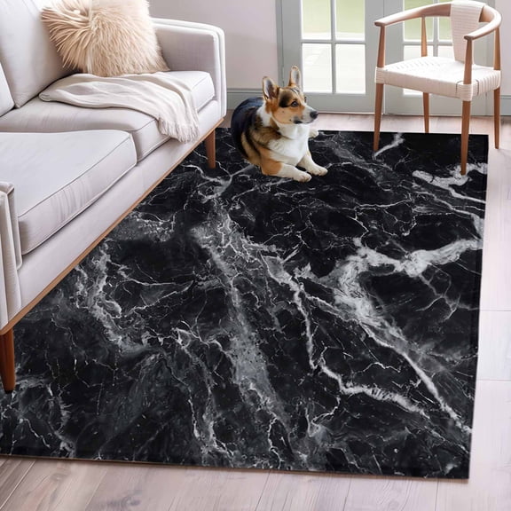 Black Marble Area Rug 4x6 Washable Rug Non Slip Vintage Minimalism White Abstract Texture Large Area Rug Indoor Floor Carpet for Entryway Bedroom Kitchen Living Room Home Office Dining Room Nursery