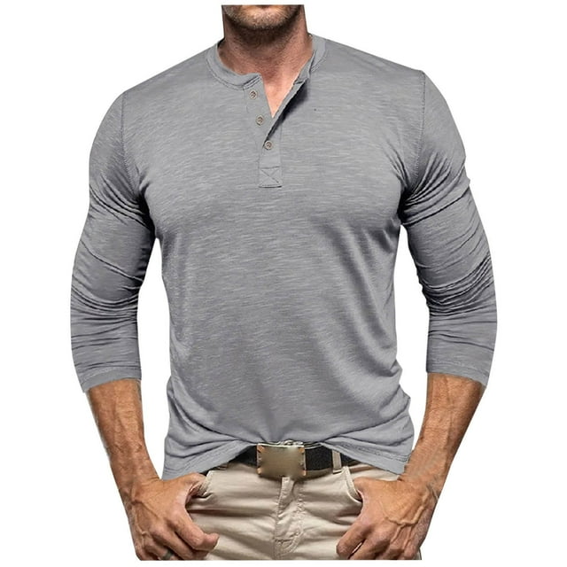 pstuiky Camisas suaves de manga larga para hombre, Camisas casuales de color liso con botones y manga larga y cuello redondo para hombre camisetas de hombre s