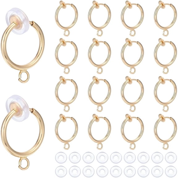 28Pcs Clip-on Hoop Earring Converters Golden Clip Backs Round Brass Hoops Non Pierced Earring Findings with Loops and 28Pcs Comfort Pads for Jewelry Making Supplies 17.5x13x1.5mm