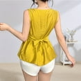 thumbnail image 5 of Women Summer Cowl Neck Tank Tops Flowy Peplum Tops Sleeveless Waist Tie Casual Tank Tops Mustard Yellow M, 5 of 9