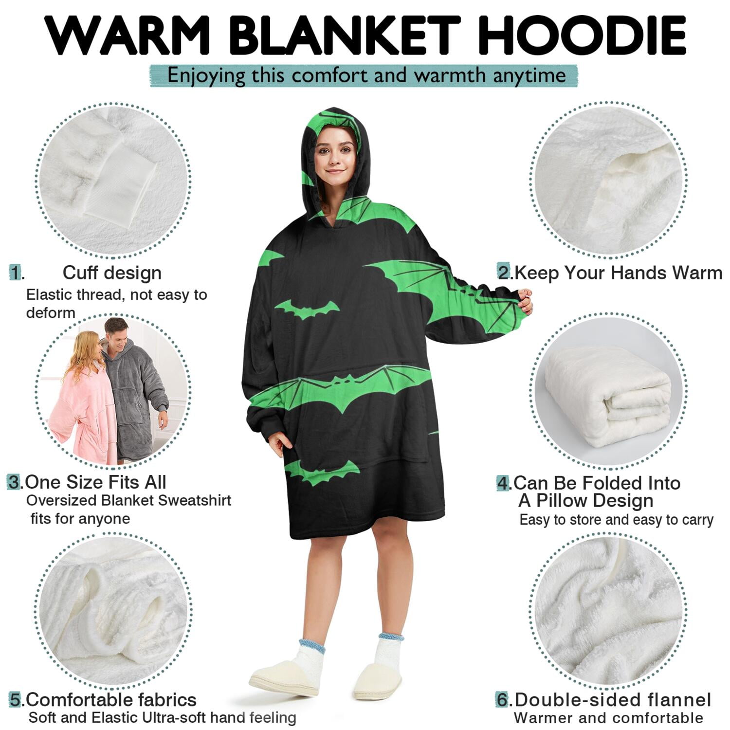 Wearable Oversized Blanket,Black Halloween Bats with Green Wearable Blanket Hoodie for Adults,Cozy Hooded Blankets with Super Pockets,Super Warm Fuzzy Pullover for Women & Men
