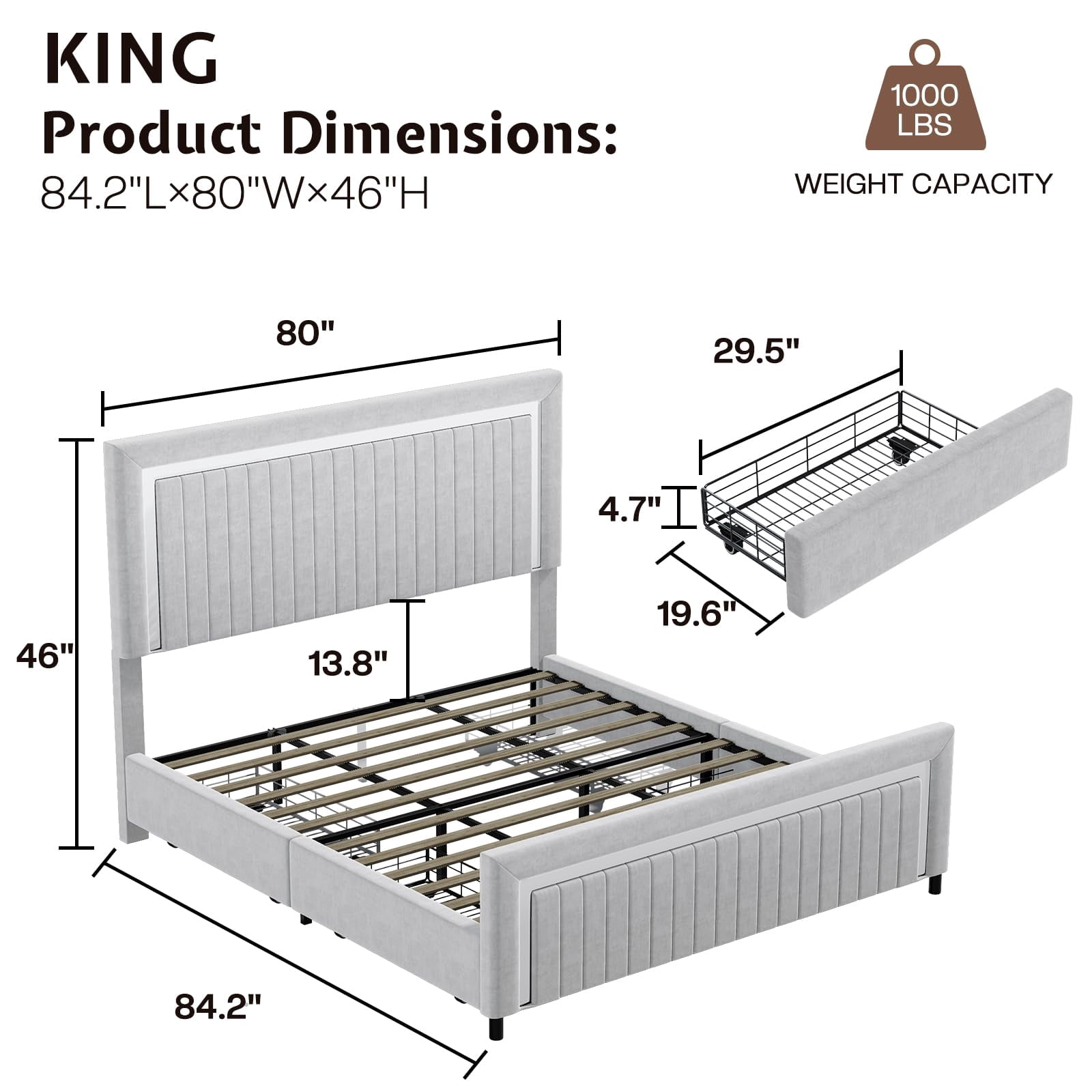 Merluxy Upholstered Platform King Size LED Bed Frame with 4 Storage Drawers, Adjustable Headboard with Vertical Channel Design, Light Grey